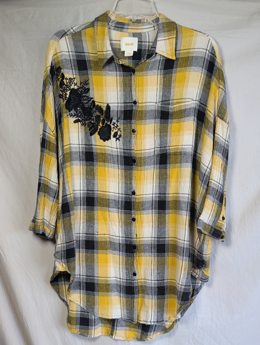 Maeve Yellow Black White Plaid Button-Down Shirt with Black Floral Embroidery